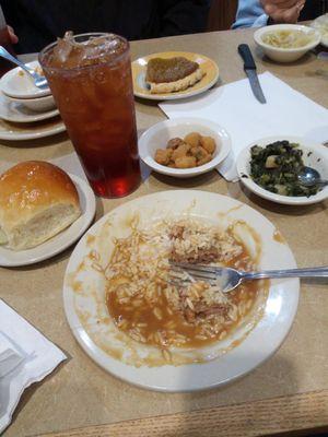 Chopped Beef patty, rice, fried okra, greens and fluffy roll.