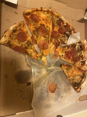 What was delivered, hours old pizza with missing slices and the wrong order.