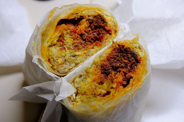 Breakfast burrito  with bacon and chorizo.