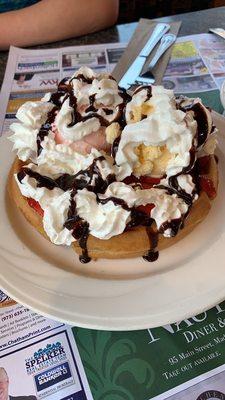 Belgian waffle- whip cream, ice cream and strawberries