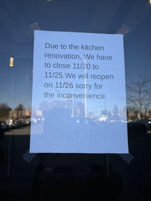 They are shutting down so they can do a kitchen renovation during the week of Thanksgivings.