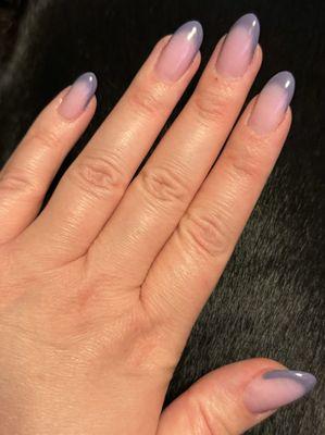 Almond acrylic nails with a purple French tip. (The cut on my middle finger was self-inflicted before my visit to LA Nails.)