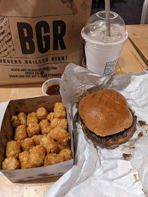 Tator tots with a waygu burger and an Oreo shake!