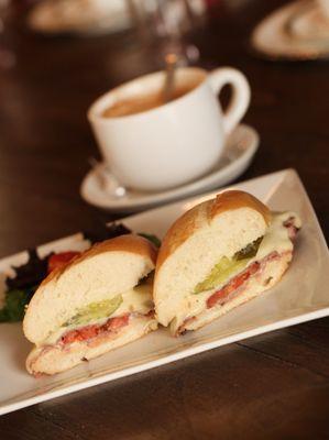 Roast beef sandwich and cappuccino