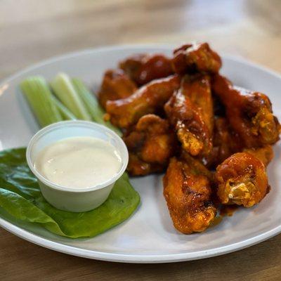 Organic chicken wings.  12 per order, your choice of buffalo, bbq, teriyaki, lemon pepper and plain