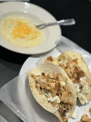 Fish tacos ans cheddar grits