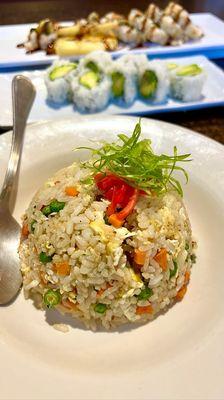 Veggie fried rice, avocado roll, and veggie tempura roll. Delicious!