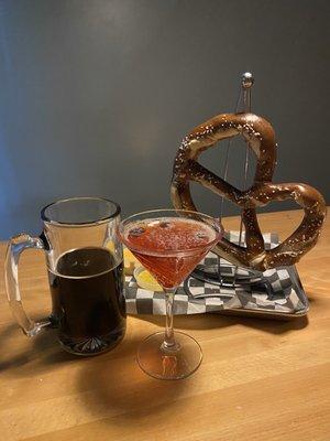 Giant pretzel appetizer, blue cosmo, Carmel macchiato beer