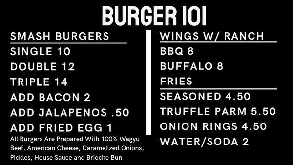 Burger 101 Menu