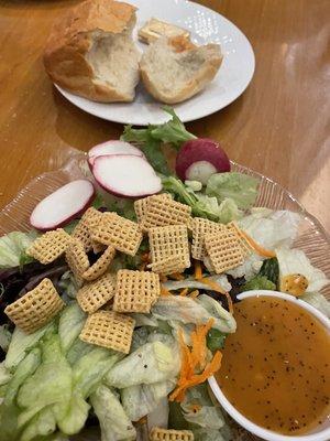 Lovely salad with homemade poppyseed dressing that was tasty. Like the Chex