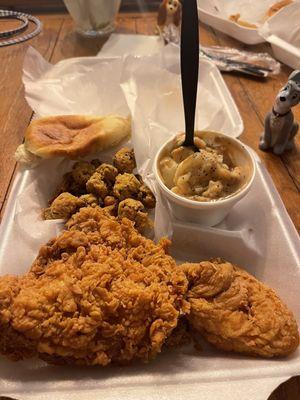 Fried chicken  Fried okra Mashed potatoes