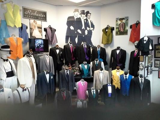 We carry a large variety of styles, colors and sizes 2T to 80 in our formal wear and tux rental store.