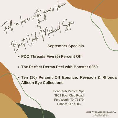 Fall in love with your skin at Boat Club Medical Spa.   You may pre-purchase and use at your convenience. Offer expires: September 30, 2021