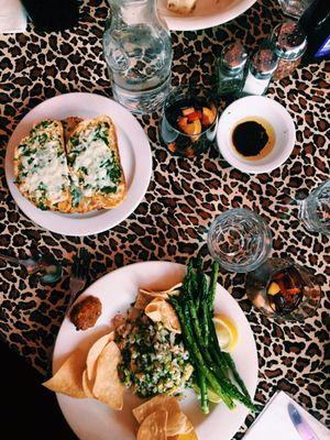 Ceviche, asparagus, and cheesy garlic bread