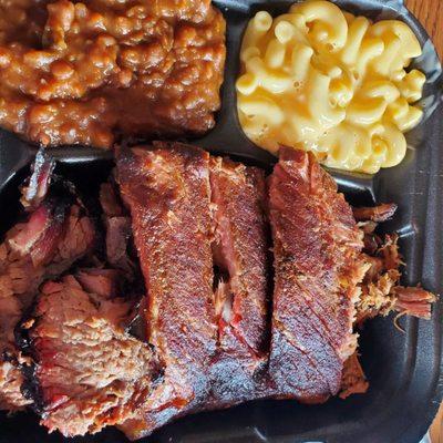 3 meat combo - ribs, brisket, pulled pork, baked beans, Mac and cheese