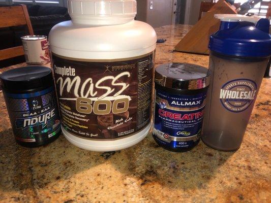 BCAA's, Mass gainer, Creatine,, Shaker cup