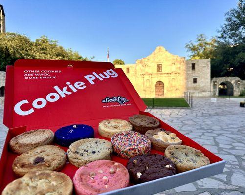 A Fat Sack box of a dozen Cookie Plug Cookies. Did you know that we have a Downtown location just 1/2 block from The Alamo on Houston St.?