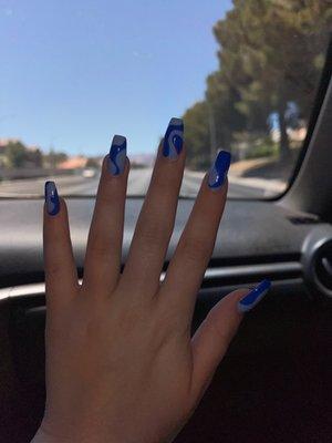 Swirly Blue Coffin Nails done by Angela