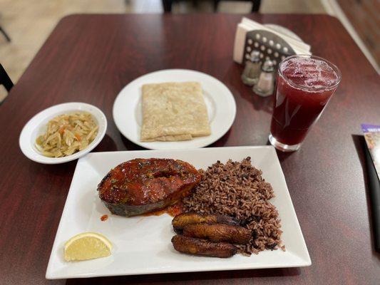 Sorrell w/Ginger Beer YUMMM   Salmon, Cabbage, Rice & Peas, Plantains, Roti