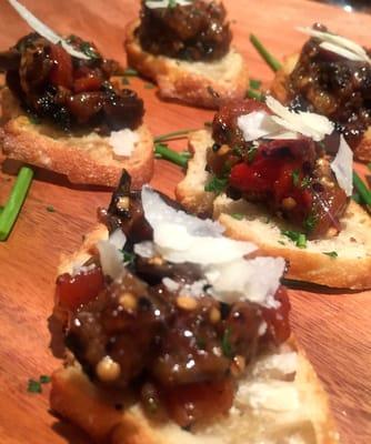 Grilled Eggplant and Roasted Red Pepper Balsamic Crostini