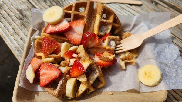 This is the Mochi waffle garnished with strawberries and bananas