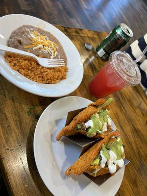 Empanada tacos, side rice and beans and watermelon juice.