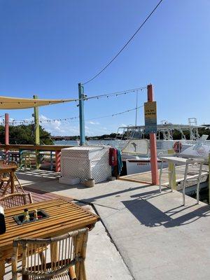 Tables in the shade, sun and waterside.