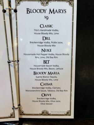 Bloody Mary menu March 2024