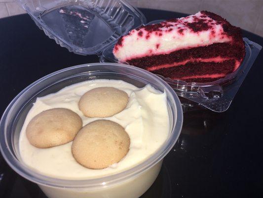 Vanilla pudding and red velvet cake