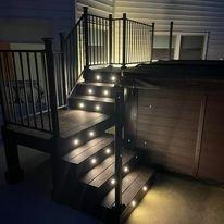 Exterior LED lighting and stairway tread lighting.