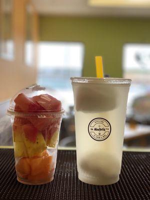 Fruit cup and limeade with a scoop of lime shaved ice