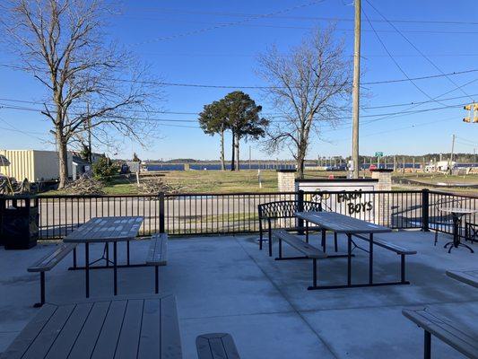 View of Belhaven waterfront from outside dining patio.