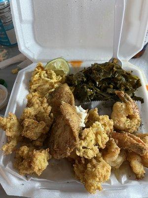 Conch, Shrimp and Fish Dinner with greens, Mac n cheese and rice