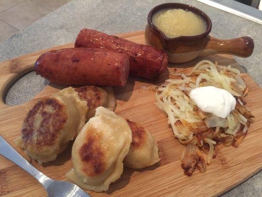 Polish feast...Kielbasa, Pierogi & Potato Pancake.