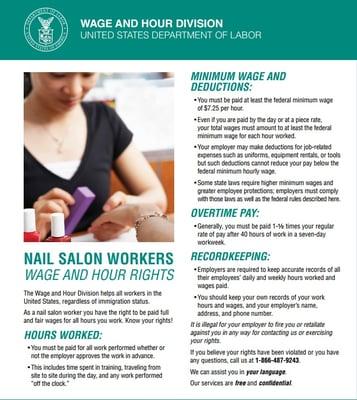 Nail salons need this poster that contains Nail Salon Wage and Hour Rights. Available in English, Spanish, Vietnamese, and Chinese.