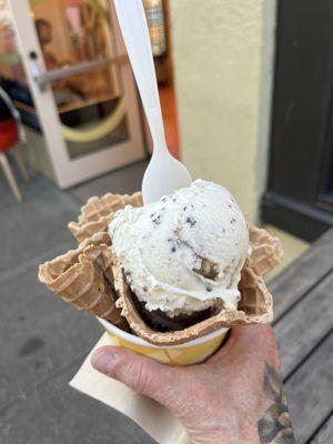 Tahini chocolate Freckle and Marion berry cobbler in a waffle bowl.