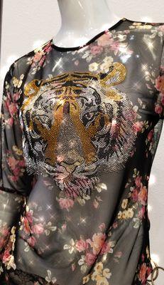 Small floral mesh long sleeve tee w/Tiger crystal applique. Happy Year of the Tiger! Limited edition, made in Los Angeles. Jade's exclusive.