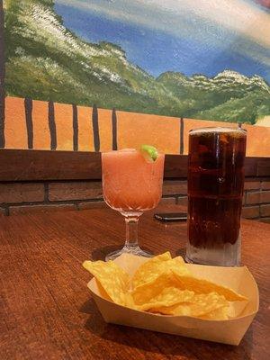 Strawberry margarita, beer and chips