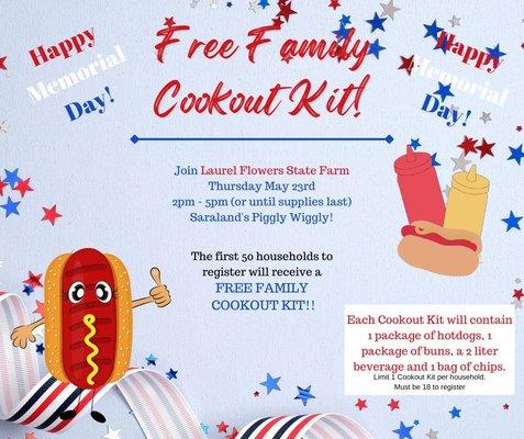 Join us at Laurel Flowers State Farm for a complimentary Family Cookout Kit, perfect for kicking off your summer!...