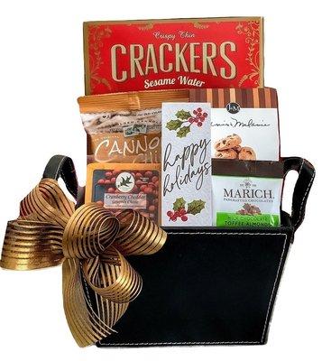 Faux Leather Gift Basket with Gourmet Snacks and Happy Holidays Sign