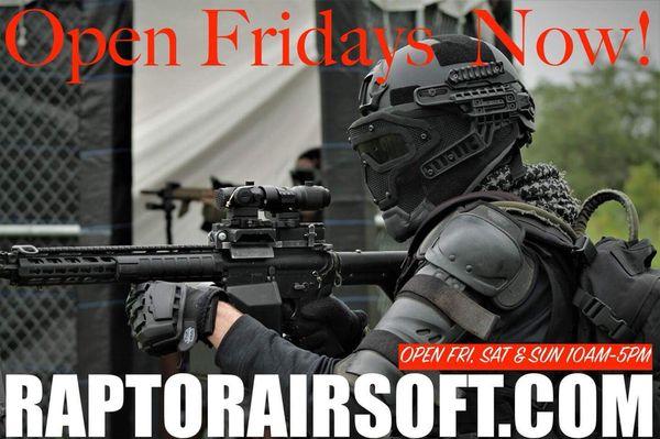 Www.raptorairsoft.com OPEN EVERY FRI, SAT & SUN 10am-5pm!! 29540 Fullerville Rd. Deland FL 32720 / 386-527-2486 / militaryoutback@gmail.com