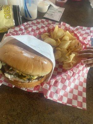 Single burger with cheese and sea salt fries