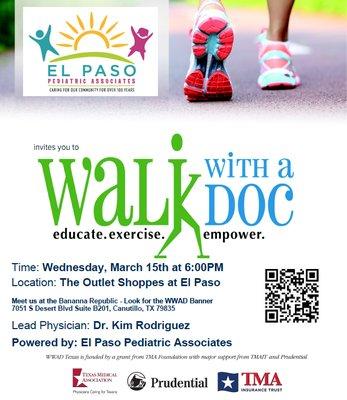 Join us for WalkwithaDoc  on Wednesday 3/15 at the Outlet Mall