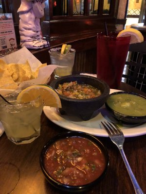 Chips, salsas, pico de gallo and margaritas