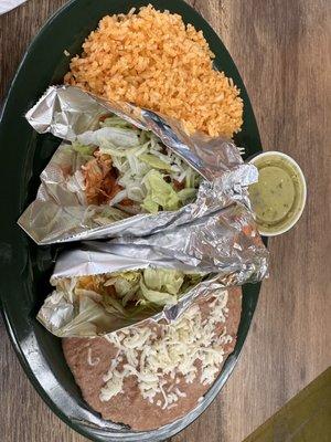 2 tacos with rice and beans lunch special.