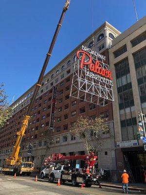 Crane lift of new sign structure engineered by Reverence Engineering in Los Angeles, CA.