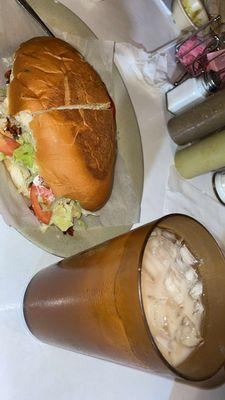 An horchata drink with a pastor torta