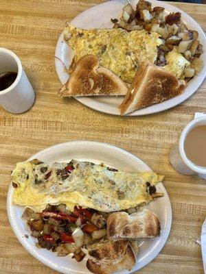 Philly Cheese Steak Omelette (bottom) and Burger Omelette (top)