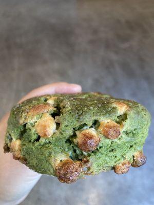 Matcha scone. This tastes much better warmed up. Love the strong matcha flavor balanced with the creamy chunks of white chocolate.