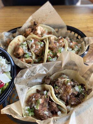 Pollo, carne asada, and short rib tacos